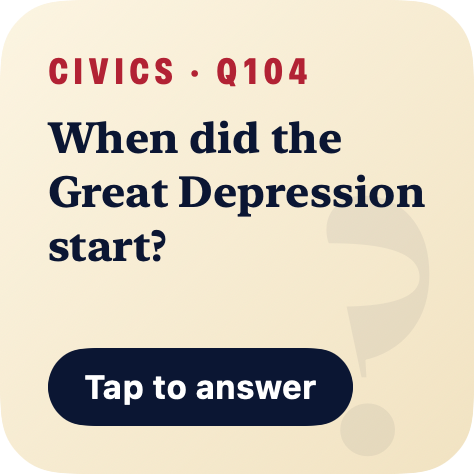 Civics widget preview asking when the Great Depression began